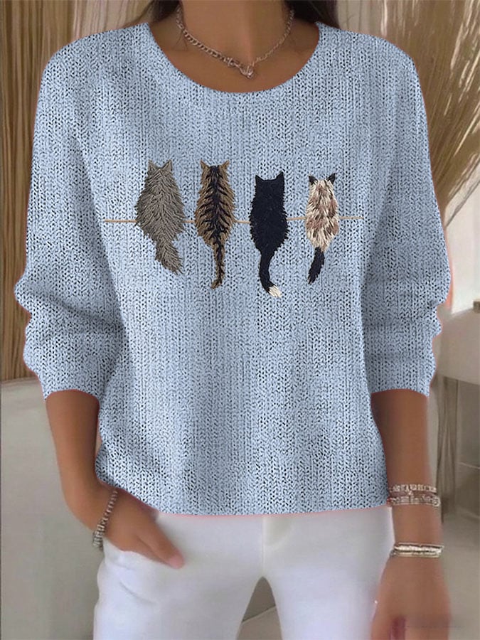 Women's Retro Animal Cat Print Knitted Sweater