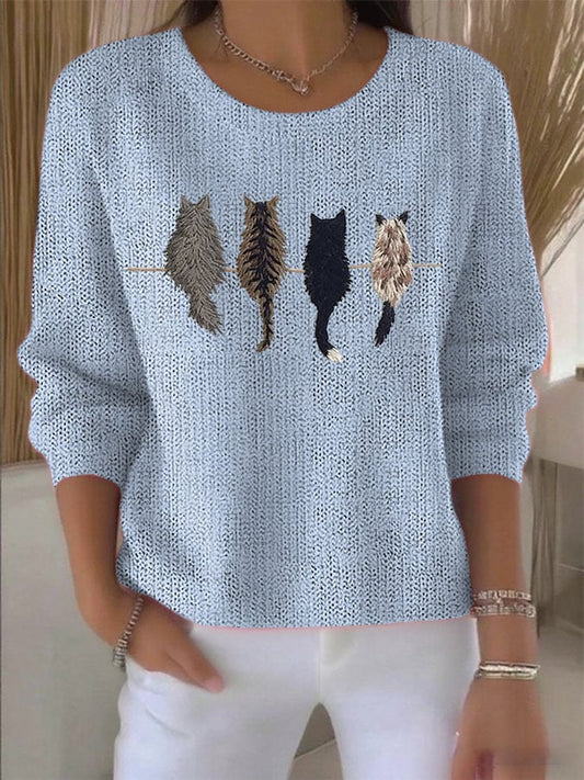 Women's Retro Animal Cat Print Knitted Sweater
