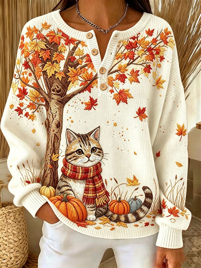Women's Casual Print Button-Up Collar Knit Top