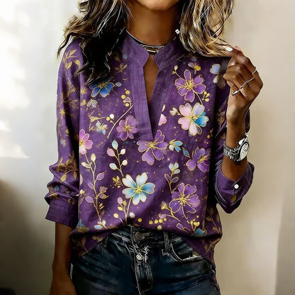 Women's Retro Purple Floral Art Cotton Linen V-neck T-shirt