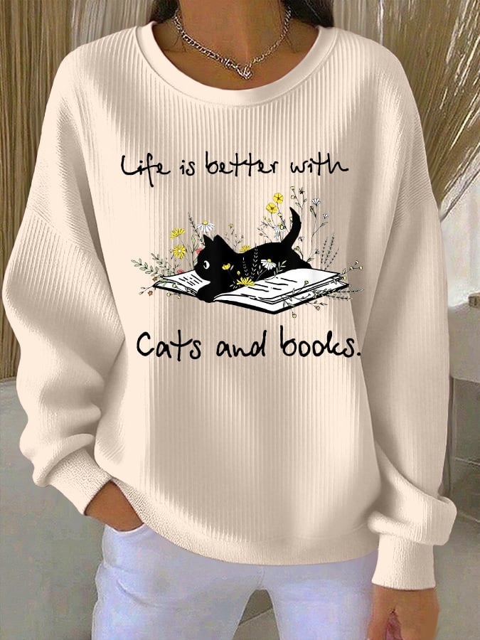 Women's "Life Is Better With Cats And Books." Printed Knit Crew Neck Long Sleeve Top
