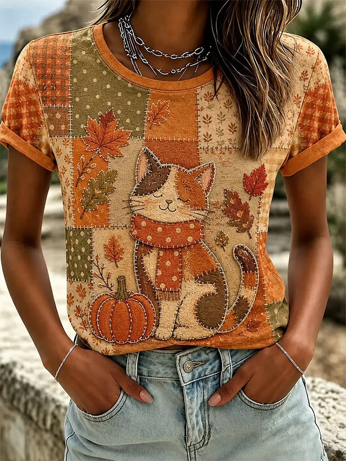Women's Autumn  Fall Cat Printed Top
