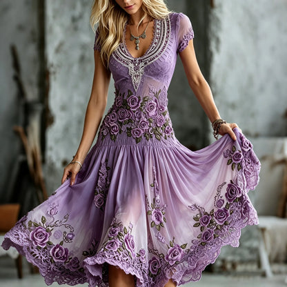Women's Elegant Retro Purple Rose Embroidery Art V Neck Midi Dress