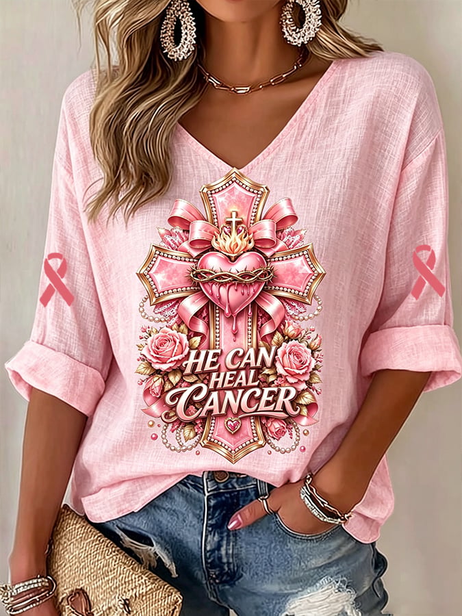 Women's Breast Cancer Awareness He Can Heal Cancer Print  Casual V-Neck T-Shirt