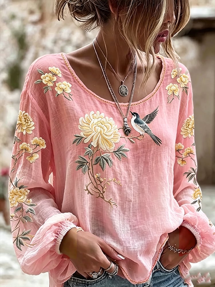Women's Pink Gradient Print Cotton-Linen Shirt