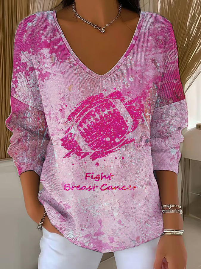 Women's Casual In October We Wear Pink Football Pattern Print Long Sleeve T-shirt
