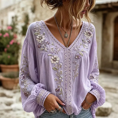 Women's Floral Embroidery Art Flowy Linen Blend Long Sleeve Casual Tops