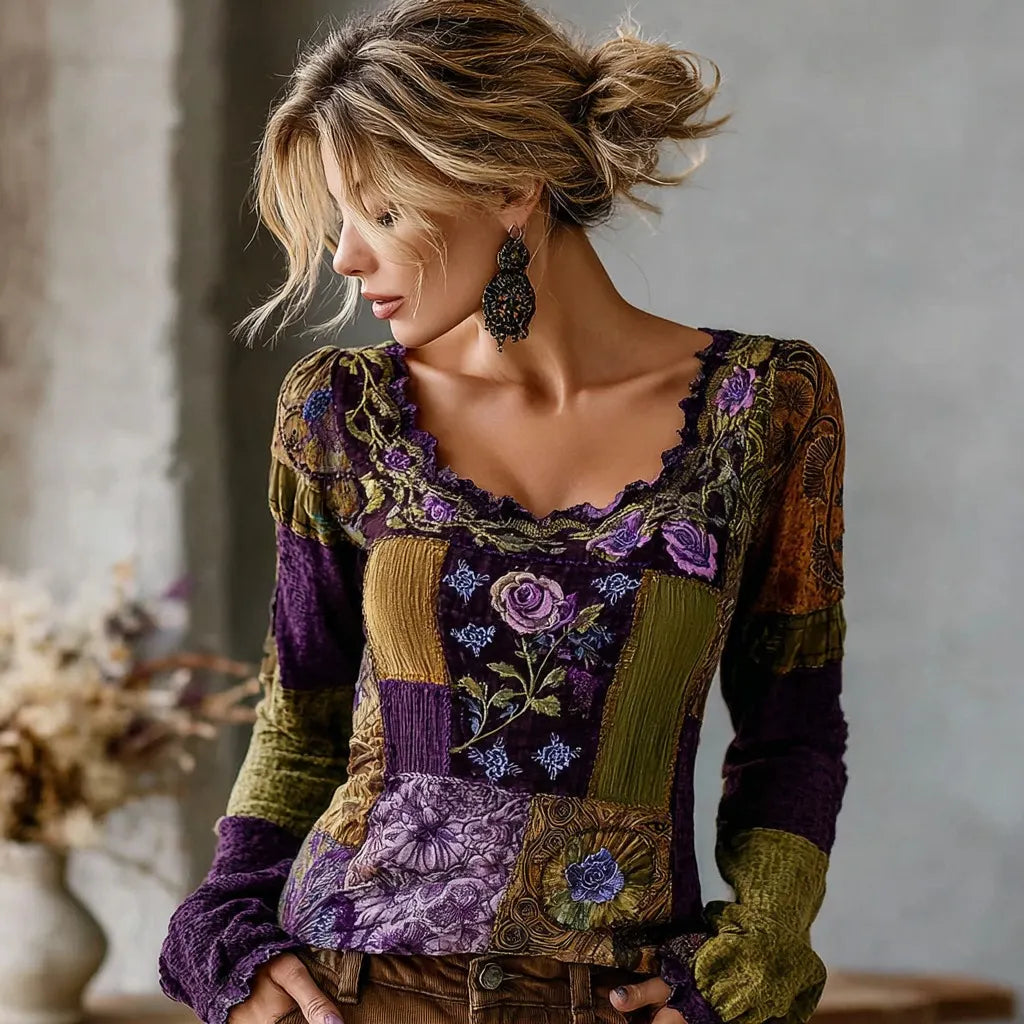 Women's Retro Purple Floral Patchwork Casual Crew Neck T-shirt