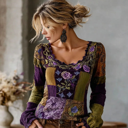 Women's Retro Purple Floral Patchwork Casual Crew Neck T-shirt