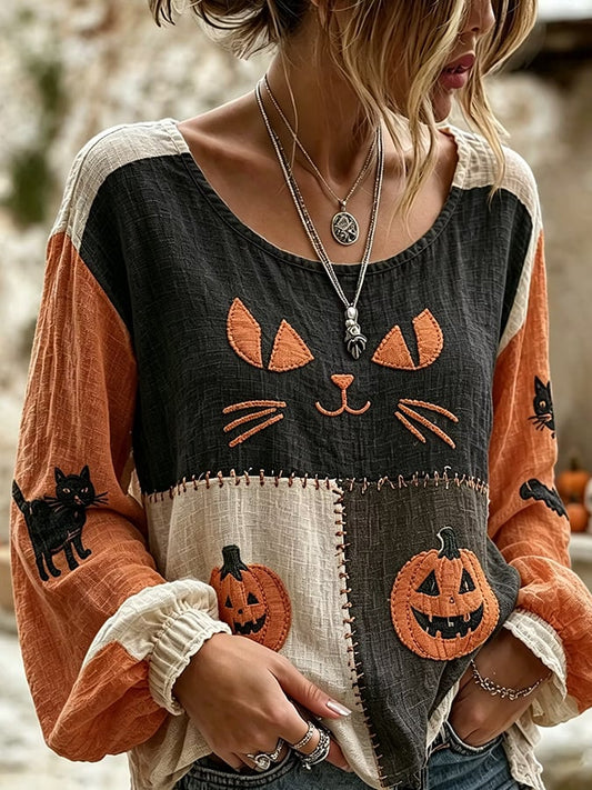 Women's Vintage Halloween Artistic Cat Print Long-Sleeve Top