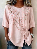 Women's Vintage Pink Floral Lace-Up Shirt with Button Design
