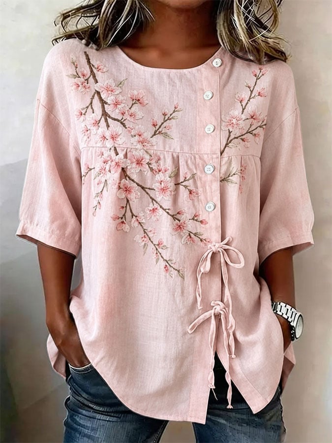 Women's Vintage Pink Floral Lace-Up Shirt with Button Design