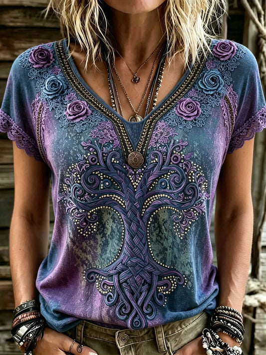 Women's Vintage Bohemian Viking Style Top With Tree Of Life And Rose Print