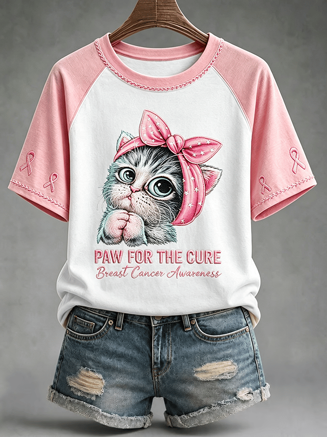 Retro Pink Cat Pattern Casual Short-Sleeved T-Shirt