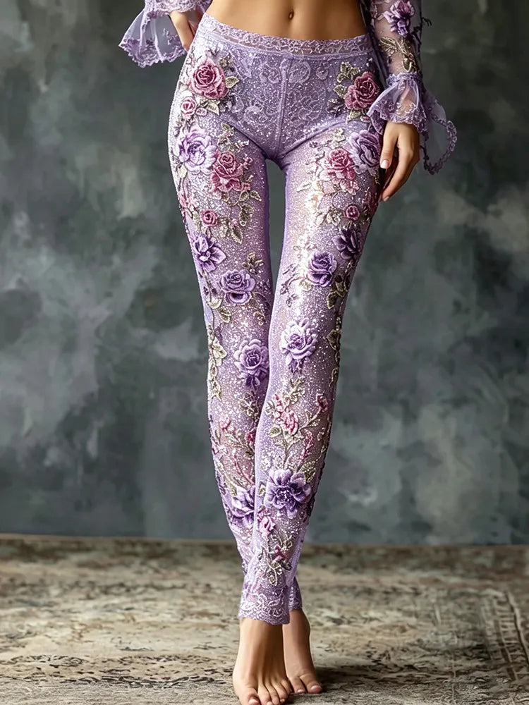 Women's Retro Purple Floral Embroidered Comfortable Leggings