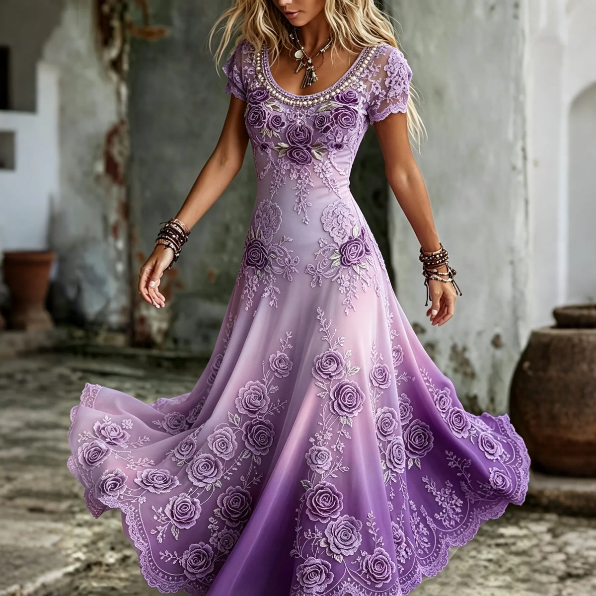 Women's Vintage Purple Rose Embroidered Art Gradient Short Sleeve Flowy Maxi Dress