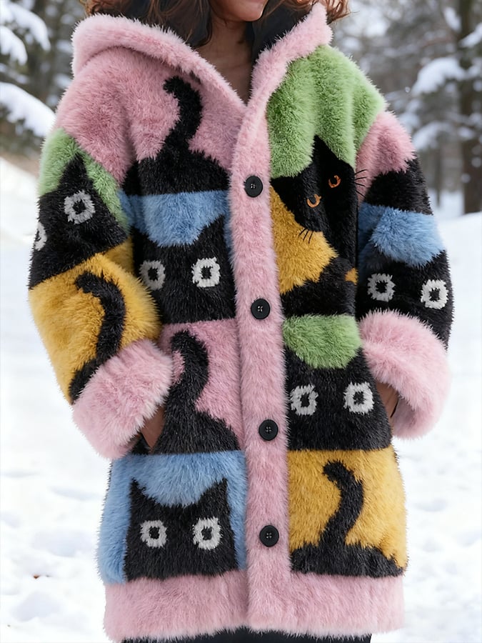Women's Animal  Fun Cat Print Flannel Warm Jacket