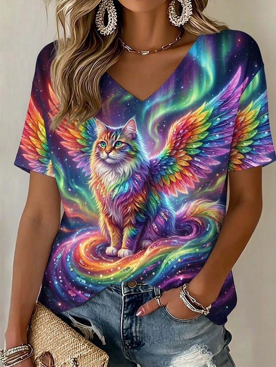Women's Rainbow Cat Print V-Neck T-shirt