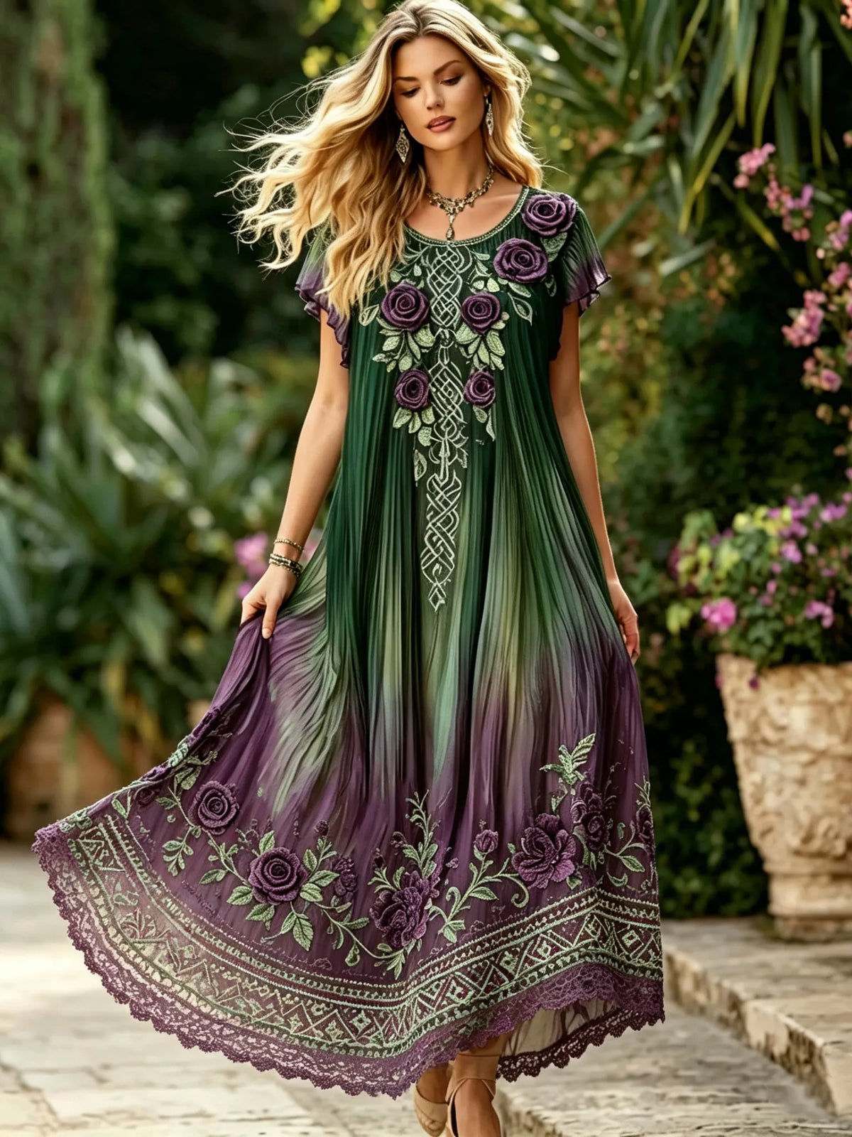 Women's Vintage Celtic Knot And Purple Floral Embroidery Gradient Casual Dress