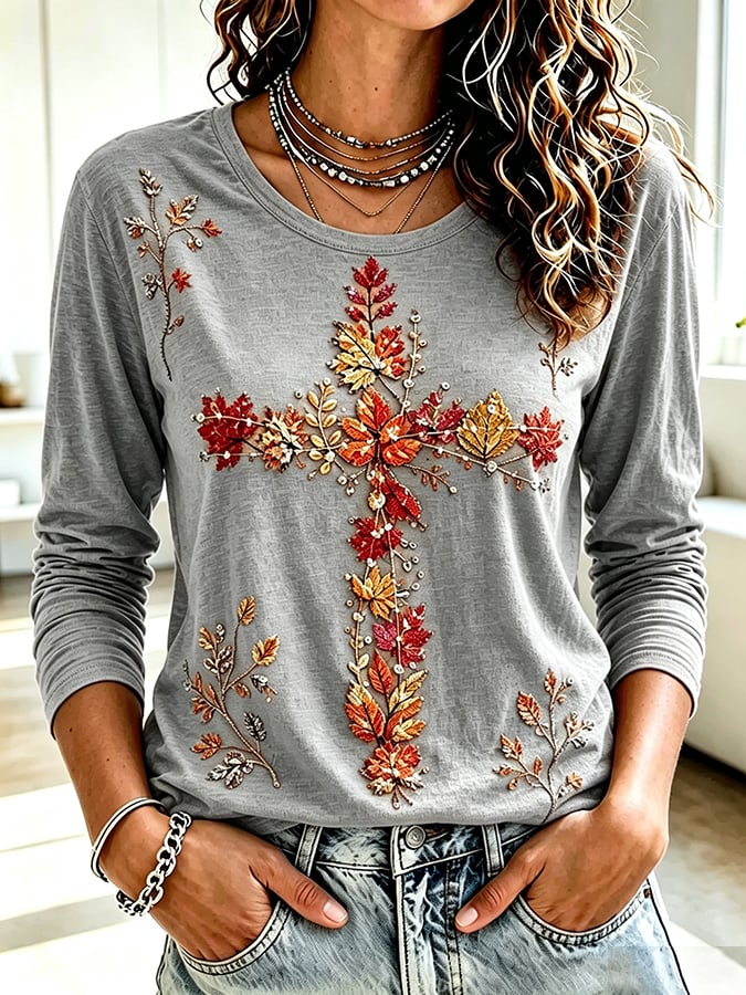 Women's  Retro Autumn Cross Print T-shirt