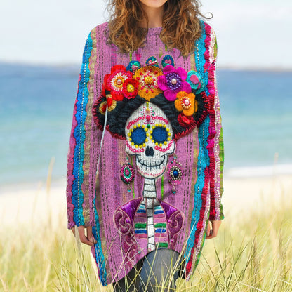 Vintage Mexican Sugar Skeleton Catrina Day Of The Dead Inspired Pattern Long-Sleeve Wool Midi Dress