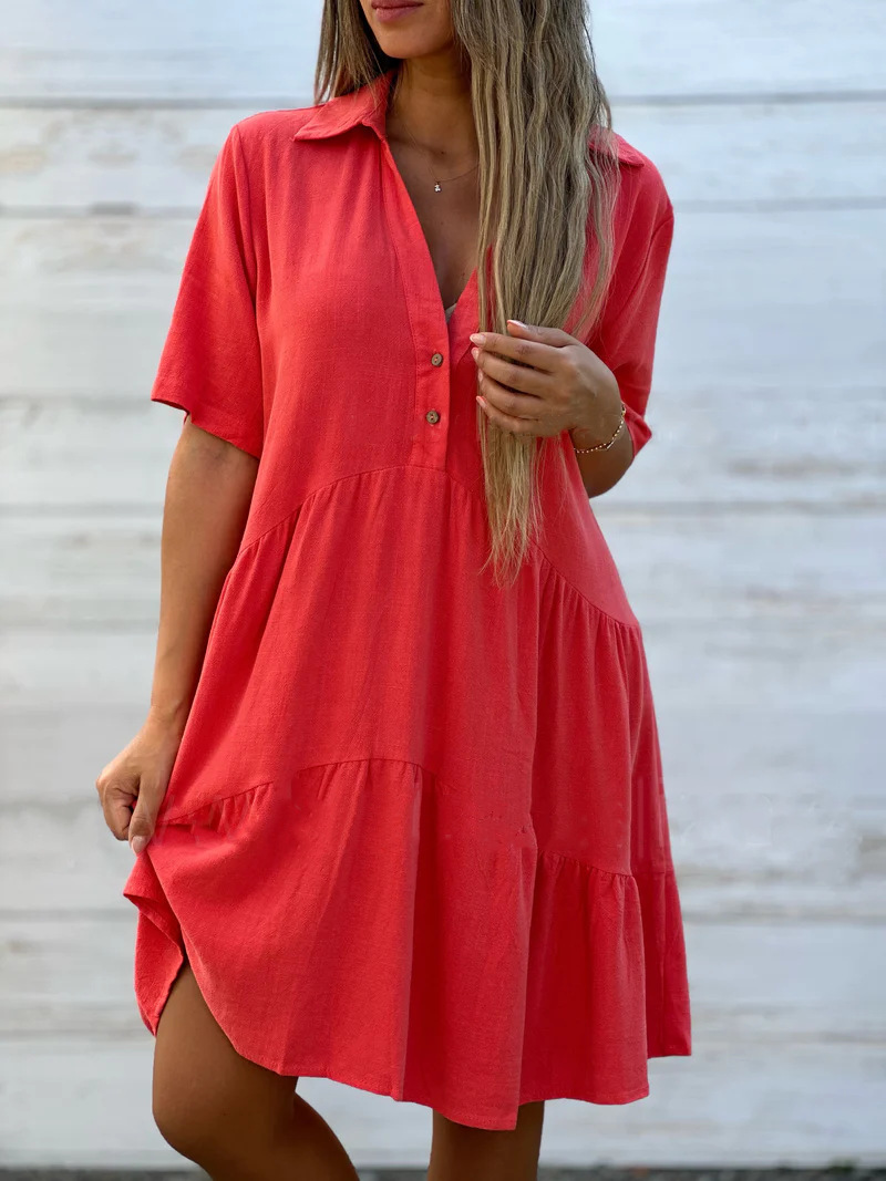 Cotton Linen V-Neck Button Shirt Dress