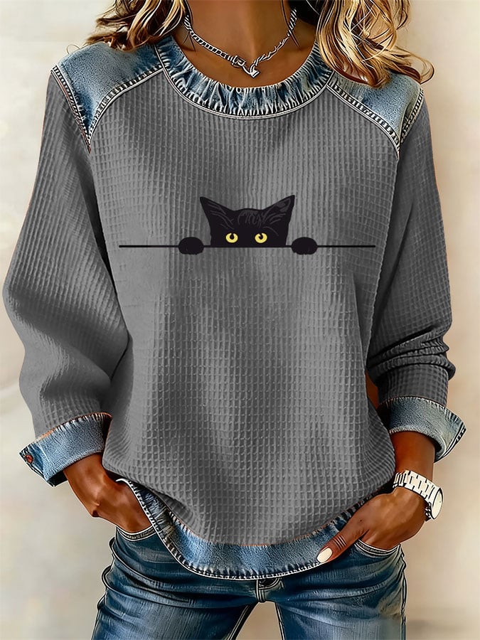 Women's Retro Cat Print Sweatshirt