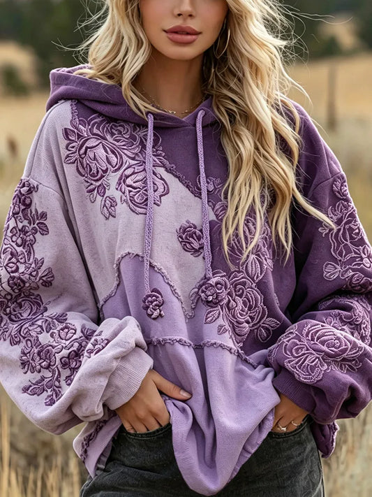 Women's Retro Purple Floral Art Embroidery Color-blocked Hooded Sweatshirt
