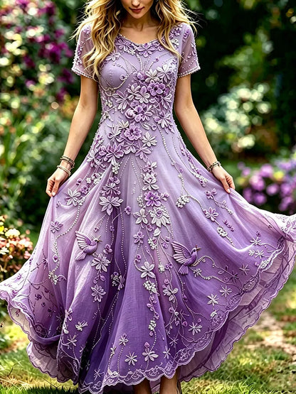 Women's Purple Floral & Hummingbird Print Alzheimer's Awareness Casual Round Neck Dress