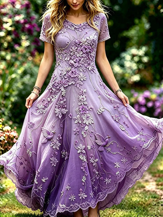 Women's Purple Floral & Hummingbird Print Alzheimer's Awareness Casual Round Neck Dress