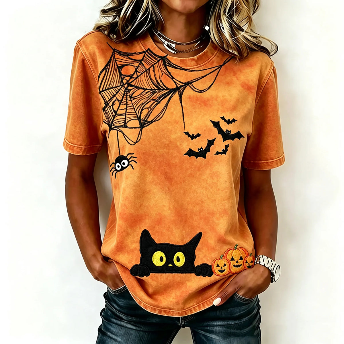 Women's Retro Halloween Spider And Black Cat Art Print Casual T-shirt