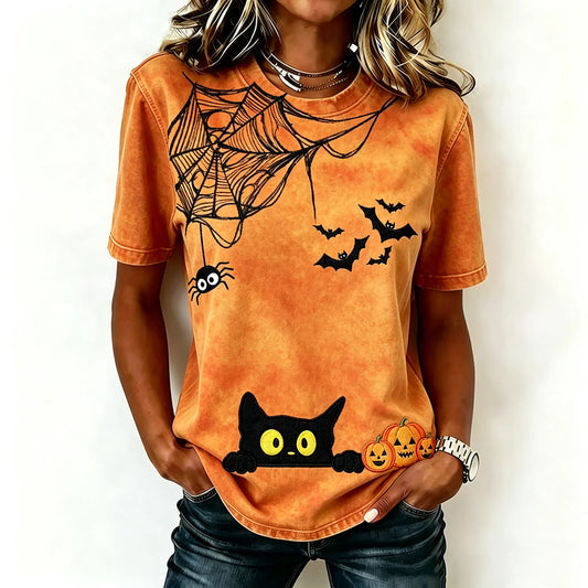 Women's Retro Halloween Spider And Black Cat Art Print Casual T-shirt