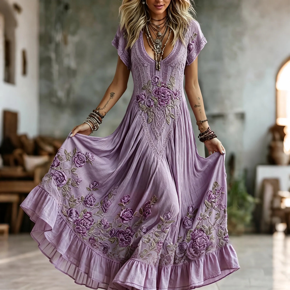 Women's Vintage Floral Embroidered Art V-neck Short Sleeve Flowy Maxi Dress