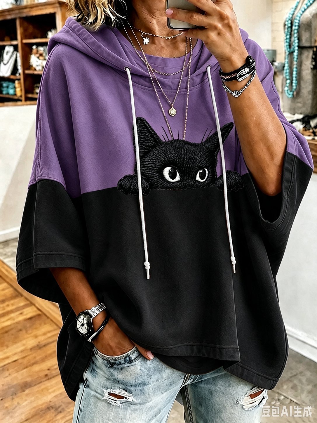 Women's Halloween Mysterious Black Cat Print Hoodie