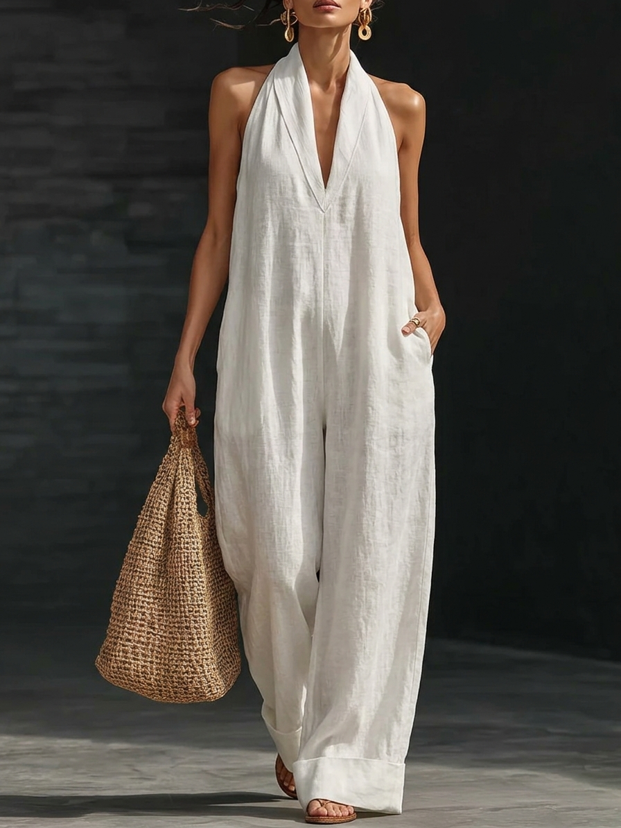 🌿 Linen Cotton Halter Jumpsuit
