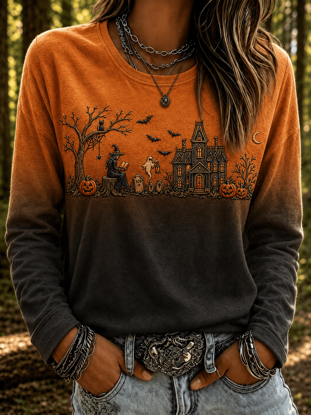 Women's Autumn Witch Cat Print Long-Sleeved Top