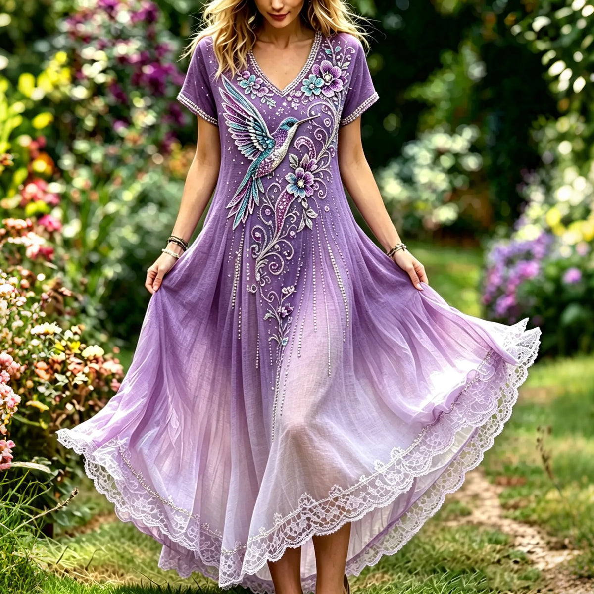 Women's Purple Floral & Hummingbird Print Alzheimer's Awareness Casual Dress