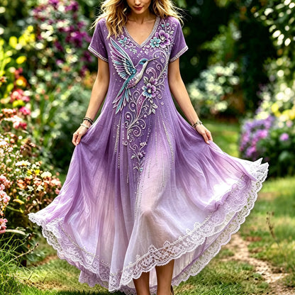 Women's Purple Floral & Hummingbird Print Alzheimer's Awareness Casual Dress