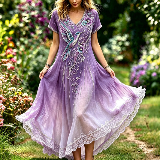 Women's Purple Floral & Hummingbird Print Alzheimer's Awareness Casual Dress