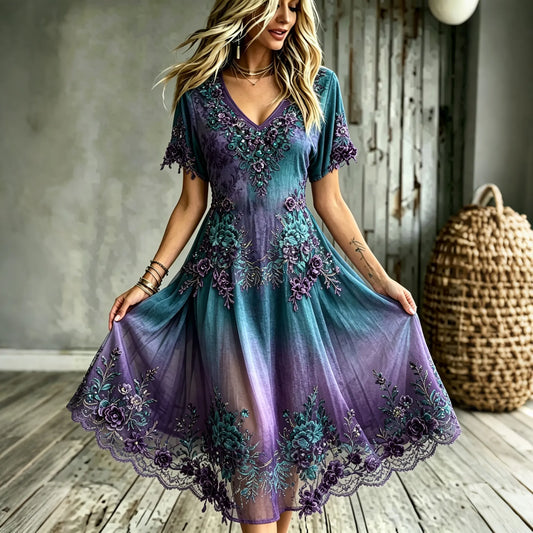 Women's Bohemian Resort Floral V-neck Cotton Linen Dress