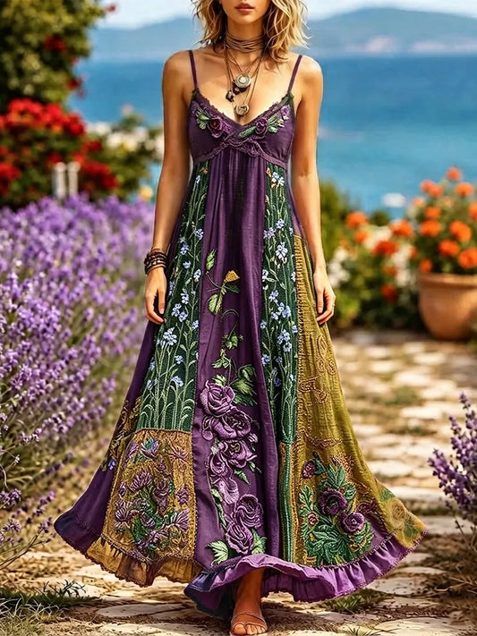 Women's Vintage Rose And Forget-me-not Floral Pattern Casual Cotton Linen Sleeveless Dress