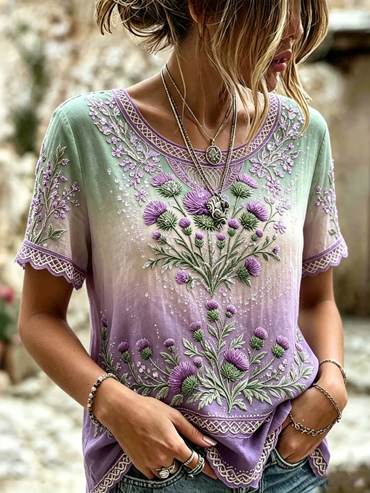 Women'selegante Scottish Thistle Hummingbird Hot Drill Print Alzheimer's Awareness  T-shirt