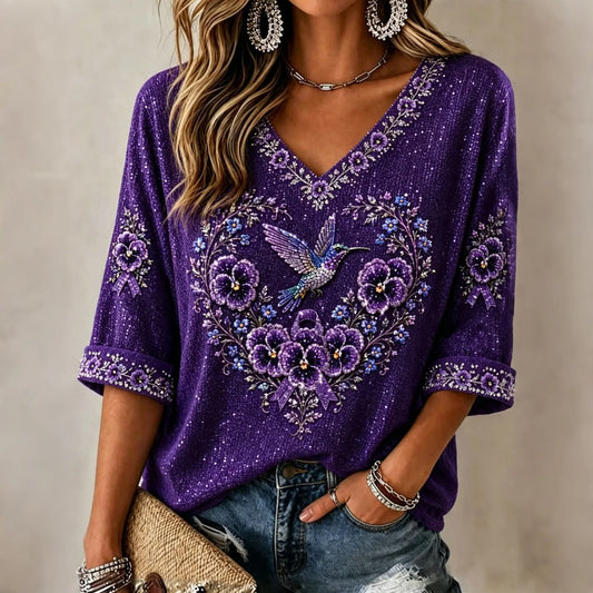 Women's Vintage Purple Pansy And Birds Art Three-quarter Sleeve Top