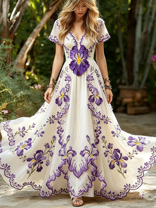 Women's Retro Violet Floral Embroidered Long Dress