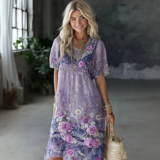 Women's Vintage Floral Art Print Linen Blend Round Neck Short Sleeve Dress