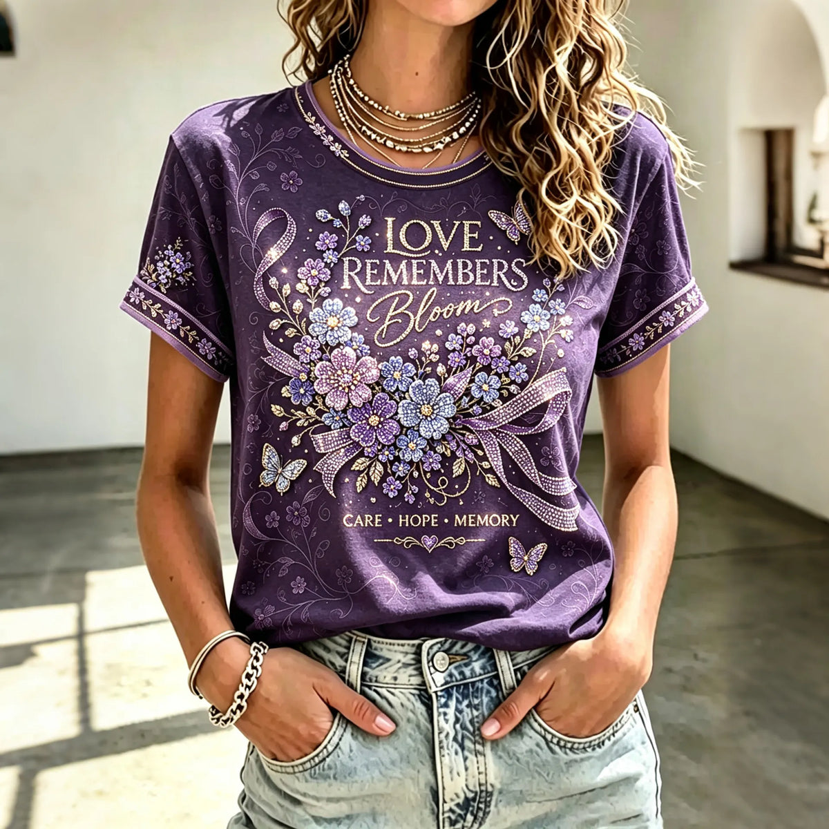Women's Purple Flower Alzheimer's Awareness Pattern Short-sleeve Crew Neck T-shirt