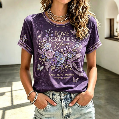 Women's Purple Flower Alzheimer's Awareness Pattern Short-sleeve Crew Neck T-shirt