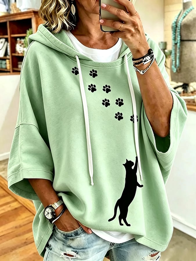 Women's Cute Cat Print Hooded Sweatshirt