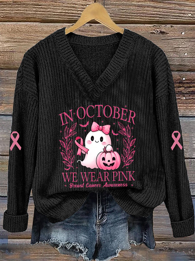 Women's Breast Cancer Awareness Print Casual V-Neck Pullover Sweater