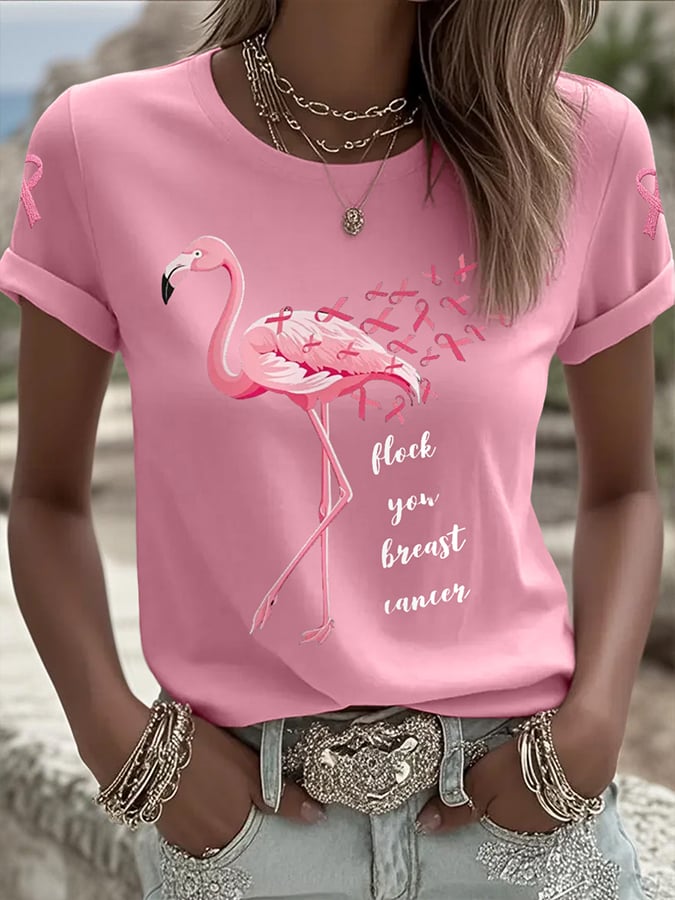 Women's Flamingo Breast Cancer Awareness Printed Round Neck T-Shirt